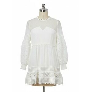 Hesperus White Lace Mini Dress Boho‎ Pom Pom Swiss Dot Long Sleeve Size L